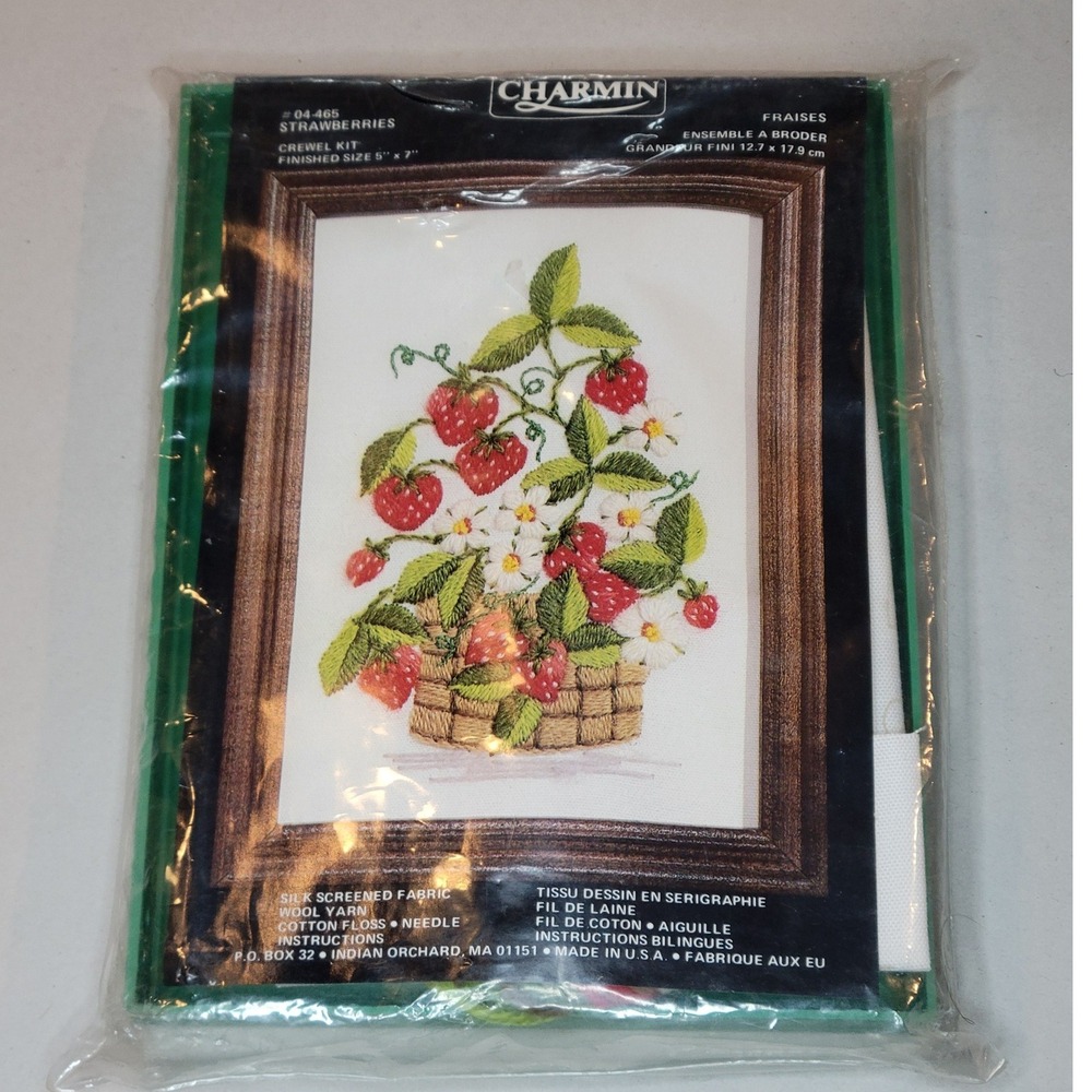 Vintage Charmin Strawberries Crewel Kit Embroidery Needlework with Frame